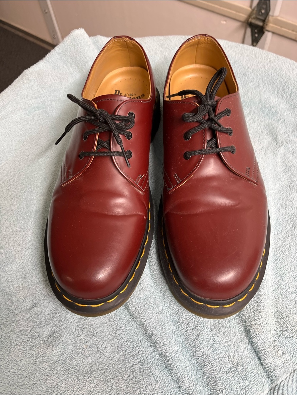 Dr. Martens Burgundy Leather 3-Eye Derby with Yellow Stitching